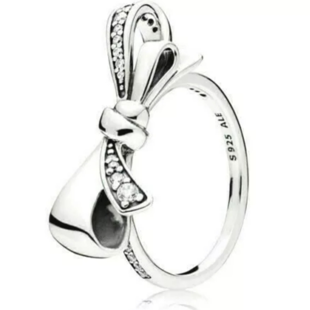 Pandora Sterling Silver Pave Bow Tie Ring s925 ALE New in Pandora Pouch 7.5